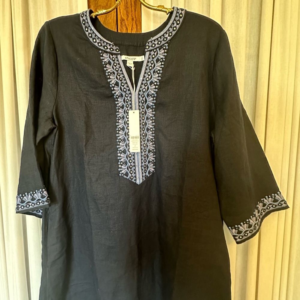 Chico’s Navy Blue Embellished Beaded Linen Dress - Picture 4 of 16